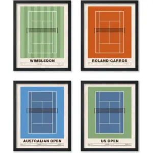 ALAYRA Poster Master 4-Piece Sports Poster - Tennis Print - Tennis Court Art - Sport Tournament Art - Grand Slam Art - US Open Art - Australian Open Art - Gym or Office Wall Decor - 8x10 UNFRAMED Wall