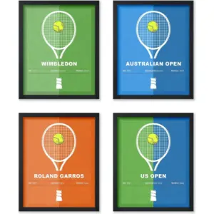 ALAYRA Poster Master 4-Piece Sports Poster - Tennis Print - Tennis Racket Art - Sport Tournament Art - Grand Slam Art - US Open Art - Australian Open Art - Gym or Office Wall Decor - 11x14 UNFRAMED Wa