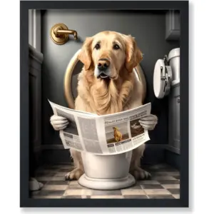 ALAYRA Poster Master Golden Retriever Sitting on Toilet Poster - Dog Reading a Newspaper Print - Dog Wall Art - Funny Bathroom Decor - Humorous Guest Bath Decoration - Restroom Sign - 11x14 UNFRAMED W