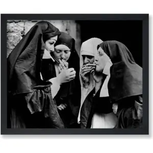 ALAYRA Poster Master Smoking Nuns Poster - Lighting Cigarettes Print - Photography Art - Black & White Art - Gift for Men & Women - Funny Decor for Bedroom, Living Room or Office - 11x14 UNFRAMED Wall