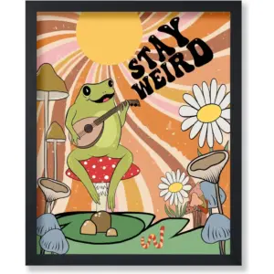 ALAYRA Poster Master Stay Weird Poster - Retro Frog With Ukulele Print - Groovy Frog Art - Trendy Art - Preppy Art - Modern Art - Chic Boho Art - Funny Living Room or Bedroom Decor - 11x14 UNFRAMED Wa