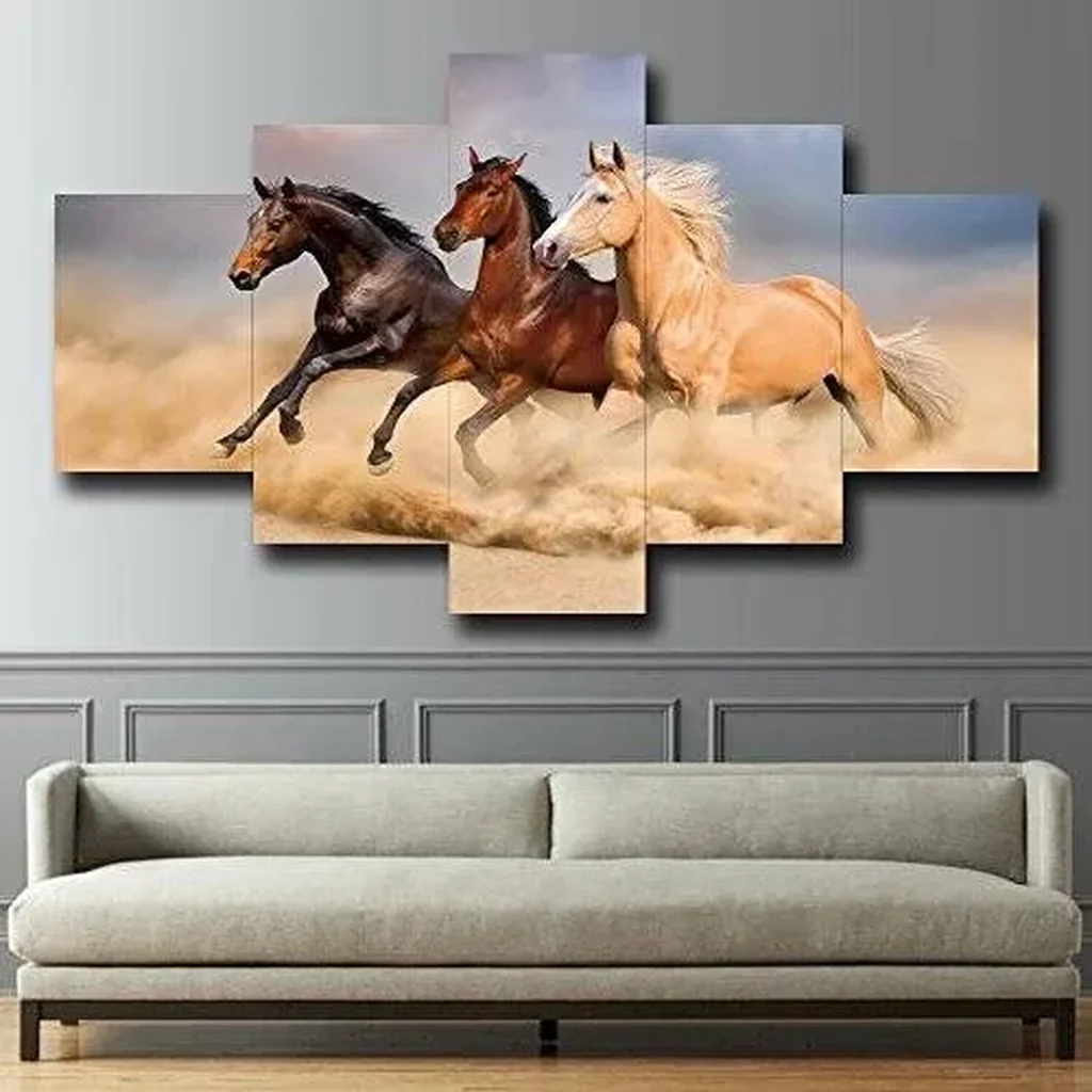 ALAYRA Posters and Prints Running Horses Modern Landscape Painting Pictures Wall Art for Living Room Home Decor Gallery-wrapped Canvas Art 5 Piece Set Framed 60''W x 32''H 01 - Image 2