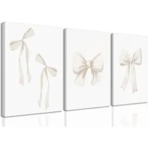 ALAYRA Preppy Bow Canvas Wall Art Beige Coquette Poster Prints Set of 3 Girly Apartment Aesthetic Pictures College Dorm Painting Decor for Girls Bedroom 16x24in Framed 01