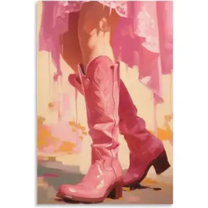 ALAYRA Preppy Canvas Wall Art Cowgirl Boots Painting Aesthetic Pink Disco Ball Poster Fashion Trendy Teen Girl DJ Funky Pictures for Living Room Music Bar (1-oil, 16x24inch-Unframe) 01