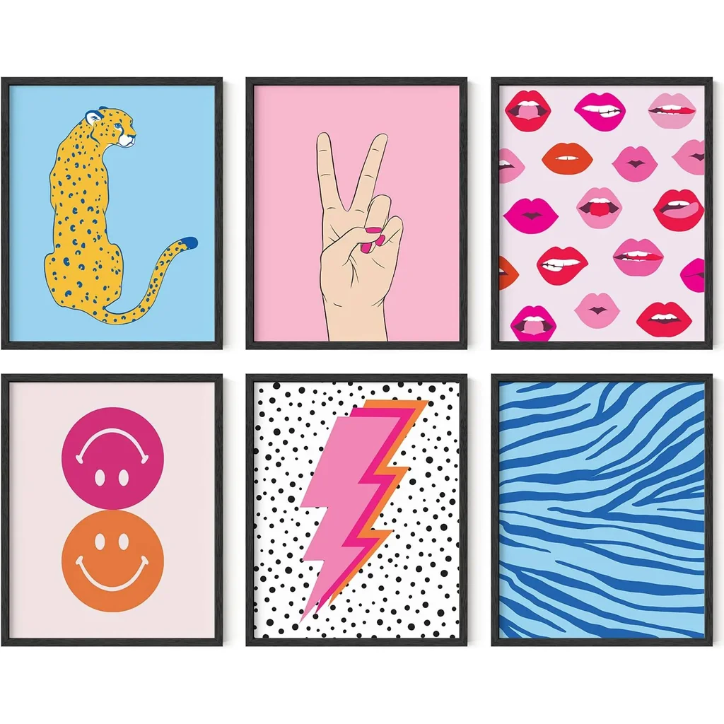 ALAYRA Preppy Pictures for Wall - Set of 6 Pink Aesthetic Posters, Dorm Room Decor for College Girls, Bedroom Wall Art, Cute Unframed 8x10 01