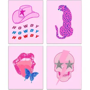 ALAYRA Preppy Room Decor Aesthetic Prints, Pink Cowgirls Hat Leopard Skull Lip Canvas Wall Art, Fashion Female Power Art Painting for Teen Girls Bedroom College Dorm Room Decor, Set of 4-(8"x10" Unfra