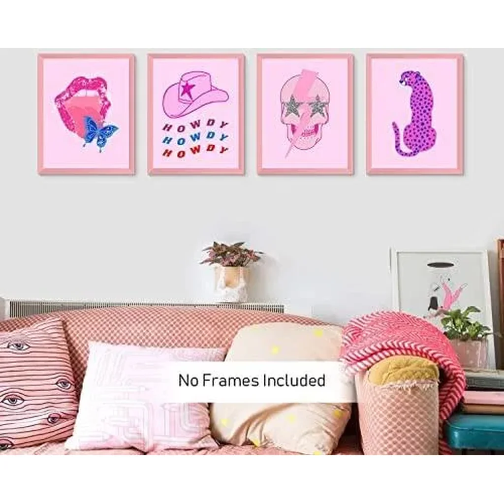 ALAYRA Preppy Room Decor Aesthetic Prints, Pink Cowgirls Hat Leopard Skull Lip Canvas Wall Art, Fashion Female Power Art Painting for Teen Girls Bedroom College Dorm Room Decor, Set of 4-(8"x10" Unfra - Image 2