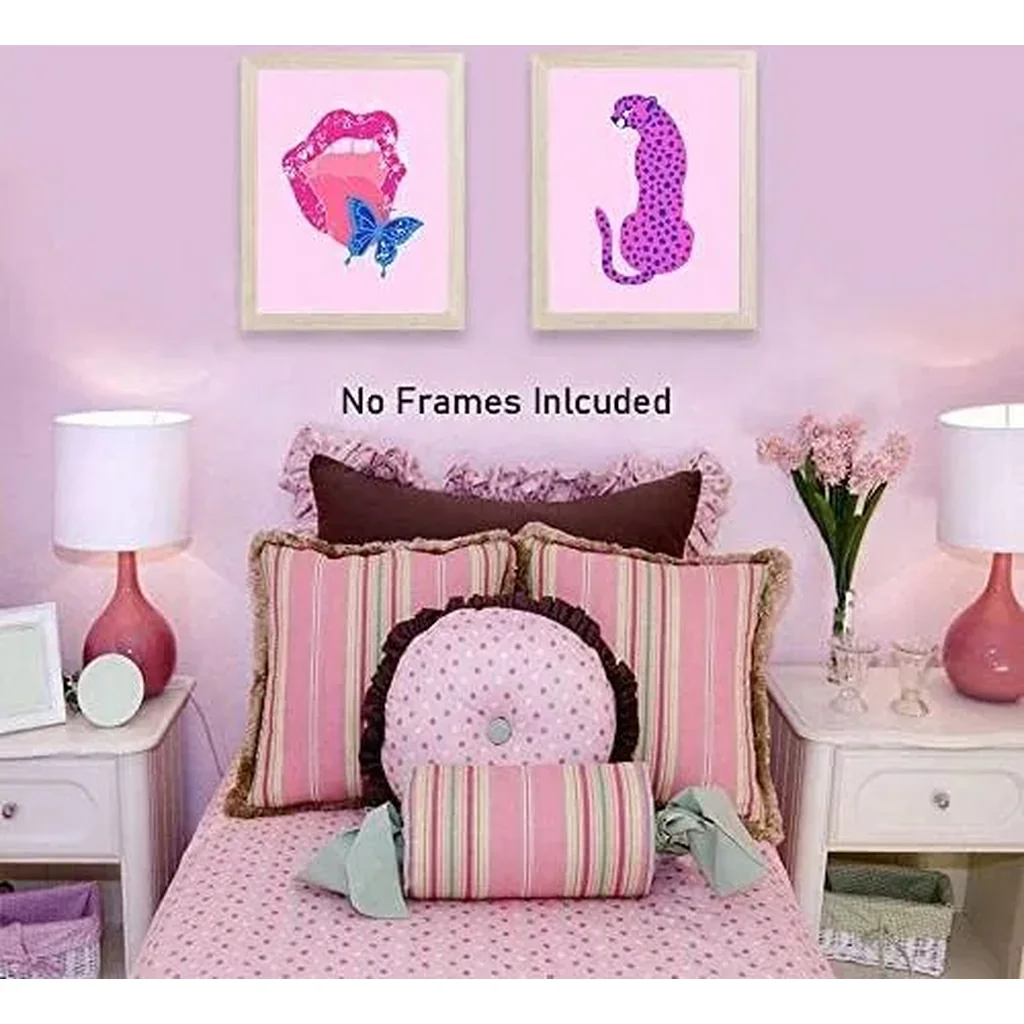 ALAYRA Preppy Room Decor Aesthetic Prints, Pink Cowgirls Hat Leopard Skull Lip Canvas Wall Art, Fashion Female Power Art Painting for Teen Girls Bedroom College Dorm Room Decor, Set of 4-(8"x10" Unfra - Image 3