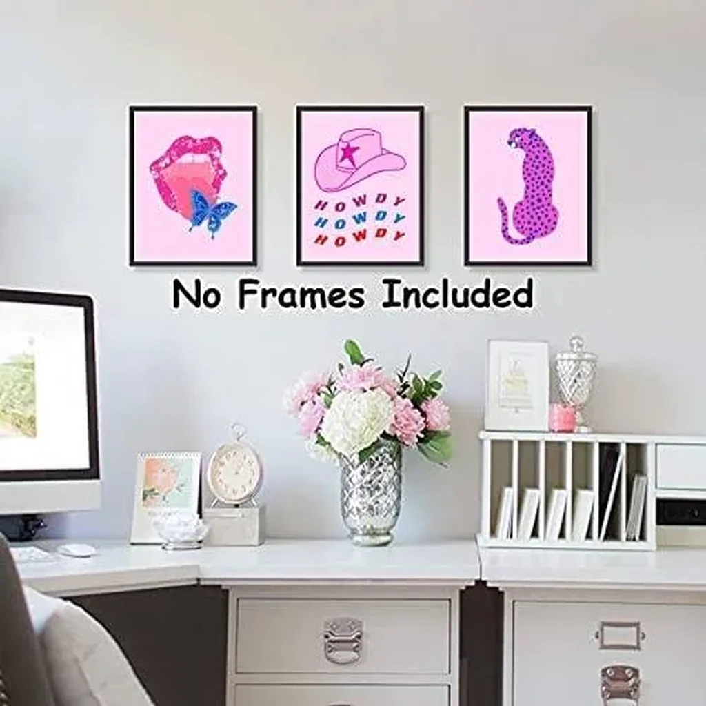 ALAYRA Preppy Room Decor Aesthetic Prints, Pink Cowgirls Hat Leopard Skull Lip Canvas Wall Art, Fashion Female Power Art Painting for Teen Girls Bedroom College Dorm Room Decor, Set of 4-(8"x10" Unfra - Image 5
