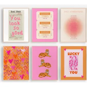 ALAYRA Preppy Wall Art Pink Orange Wall Decor Trendy Canvas Wall Art Aesthetic Pictures Girl Posters Inspirational Daily Affirmation Prints Lucky You Artwork Set of 6 for Dorm Room 8x10 Inch Unframed