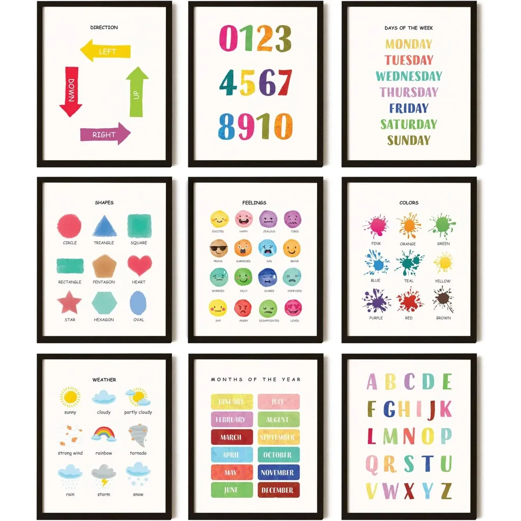 ALAYRA Preschool Educational Posters For Toddlers - Pre K Learning Posters for Kids, Days of The Week Alphabet Chart ABC Poster Homeschool Supplies Kindergarten Classroom Wall Decor (8x10 Unframed) 01