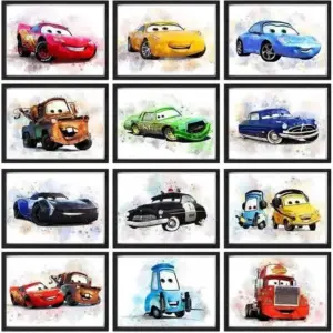 ALAYRA Print A To Z Cars Movie Poster, Cars Wall Decor Prints, UNFRAMED(8"x10" Set of 12), Cars 3 Poster for Boys Room, Cars Movie Decor, Cars Bedroom Set, 01