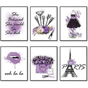 ALAYRA Purple Makeup Posters Fashion Paris Prints Wall Art Makeup Room Artwork Set of 6 Perfume Flower Lipstick Canvas Art Posters Girl Room Decor for Bedroom (11"x14" UNFRAMED, Noble Purple) 01