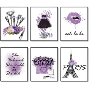ALAYRA Purple Makeup Posters Fashion Paris Prints Wall Art Makeup Room Artwork Set of 6 Perfume Flower Lipstick Canvas Art Posters Girl Room Decor for Bedroom (8"x10" UNFRAMED, Noble Purple) 01