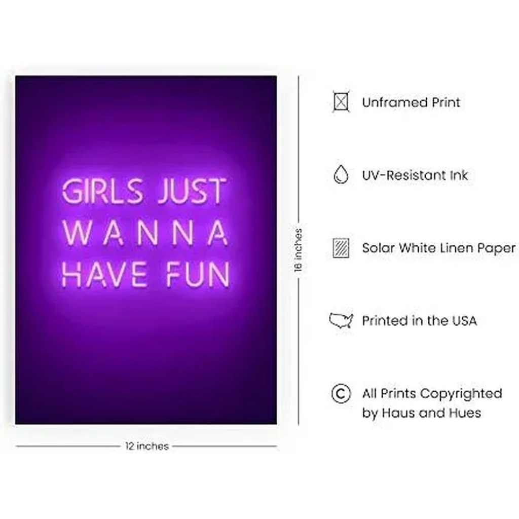 ALAYRA Purple Pictures Wall Decor - Wall Art for Bedroom Aesthetic Purple, Neon Posters, Teen Girl Posters for Bedroom UNFRAMED 12" x 16" (Girls Just Wanna Have Fun) 01 - Image 2