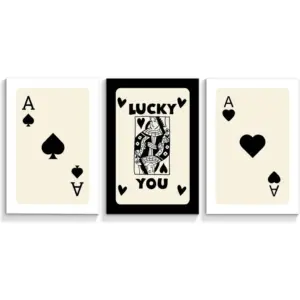 ALAYRA Queen of Hearts Ace Spades Playing Card Posters for Room Aesthetic 3 Piece 12x16in, Black White Lucky You Canvas Wall Art Funny Trendy Casino Theme Party Wall Decor Unframed 01