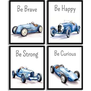ALAYRA Racing Car Wall Decor, Vintage Racing Car with Affirmation Decor Art Poster for Kindergarten Boy Playroom Bedroom Art Print Set of 4 (8''x10'', Unframed) 01