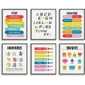 ALAYRA Rainbow Nursery Wall Decor, Set of 6 Toddler Playroom Colorful Wall Art Posters, Educational Letters Art Prints for Kids Room Decor, 8x10in, Unframed 01