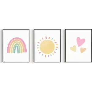 ALAYRA Rainbow Sun Hearts Wall Art Prints - Set of 3 Posters for Nursery, Baby, or Kid's Room Decor, Room Decoration - 8x10 inch Unframed 01