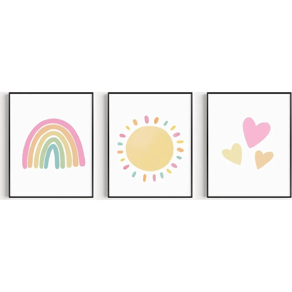 ALAYRA Rainbow Sun Hearts Wall Art Prints - Set of 3 Posters for Nursery, Baby, or Kid's Room Decor, Room Decoration - 8x10 inch Unframed 01