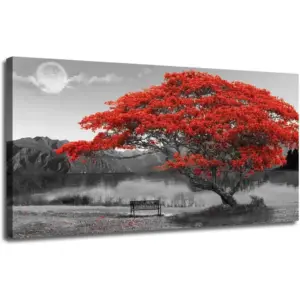 ALAYRA Red Tree Canvas Wall Art Lake Moon Picture Prints Modern Landscape Panoramic Painting, Nature Scenic Artwork for Living Room Bedroom Home Office Wall Decor, Framed Large Size 48"x24" 01