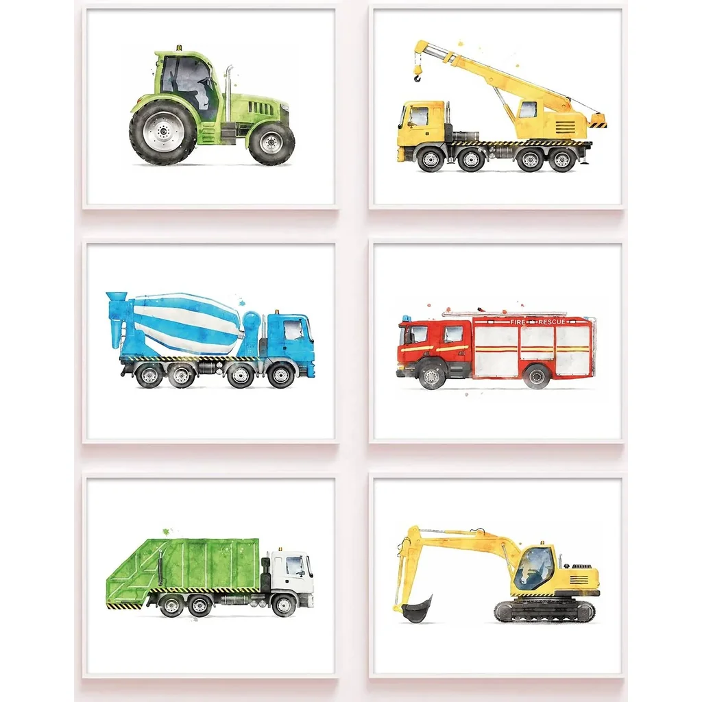 ALAYRA Rescue Vehicle Wall Art Print Cute Transportation Cartoon Car Artwork Nursery Boy Bedroom Decor Wall Decor Pictures Prints for Home Kids Bedroom Playroom Decor, (6PCS, 8"x10", Unframed) 01