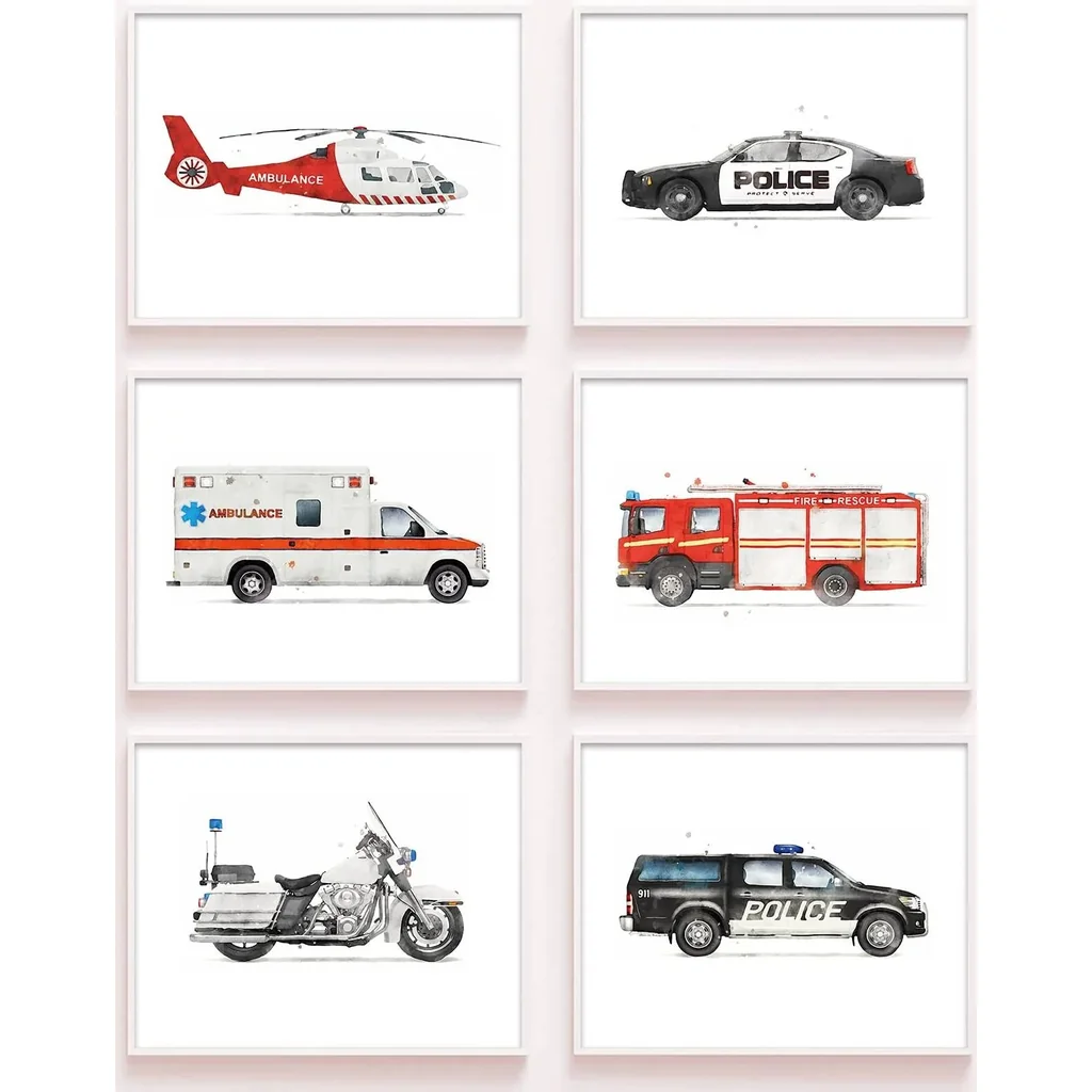ALAYRA Rescue Vehicle Wall Art Print Cute Transportation Cartoon Car Artwork Nursery Boy Bedroom Decor Wall Decor Pictures Prints for Home Kids Bedroom Playroom Decor, (6PCS, 8"x10", Unframed) 02