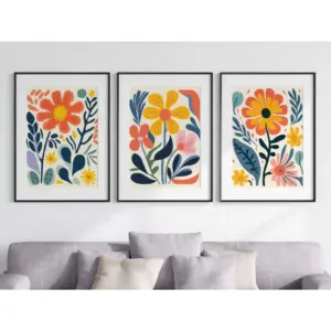 ALAYRA Retro Groovy Flowers Wall Art Set of 3 Unframed Poster Prints, Modern Abstract Floral Design, Lounge Bedroom Kitchen Posters Home Decor, Flower Market Vibrant 60s 70s, Blue Coral Yellow (A4) 01