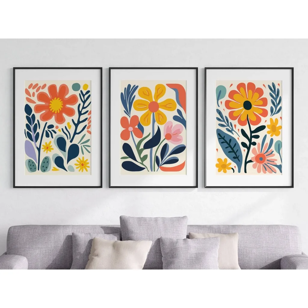 ALAYRA Retro Groovy Flowers Wall Art Set of 3 Unframed Poster Prints, Modern Abstract Floral Design, Lounge Bedroom Kitchen Posters Home Decor, Flower Market Vibrant 60s 70s, Blue Coral Yellow (A4) 01