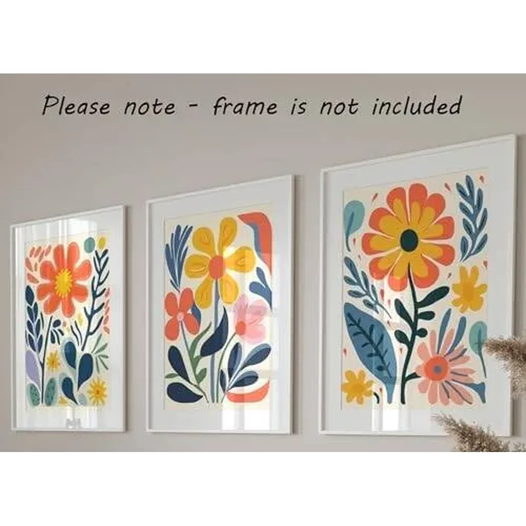 ALAYRA Retro Groovy Flowers Wall Art Set of 3 Unframed Poster Prints, Modern Abstract Floral Design, Lounge Bedroom Kitchen Posters Home Decor, Flower Market Vibrant 60s 70s, Blue Coral Yellow (A4) 01 - Image 2