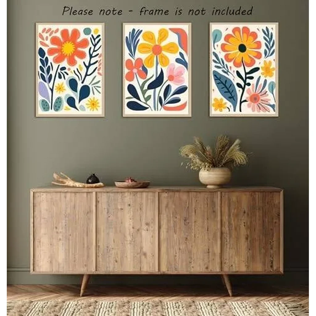 ALAYRA Retro Groovy Flowers Wall Art Set of 3 Unframed Poster Prints, Modern Abstract Floral Design, Lounge Bedroom Kitchen Posters Home Decor, Flower Market Vibrant 60s 70s, Blue Coral Yellow (A4) 01 - Image 4