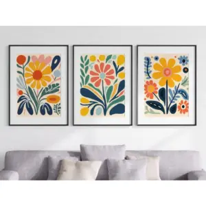 ALAYRA Retro Groovy Flowers Wall Art Set of 3 Unframed Poster Prints, Modern Abstract Floral Design, Lounge Bedroom Kitchen Posters Home Decor, Flower Market Vibrant 60s 70s, Yellow Green Blue Coral (