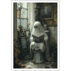 ALAYRA Retro Halloween Ghost Wall Art Dark Academia Canvas Print of Ghost Reading on Toilet Farmhouse Decor for Bedroom, Dorm, Home 8x10in Unframed 01