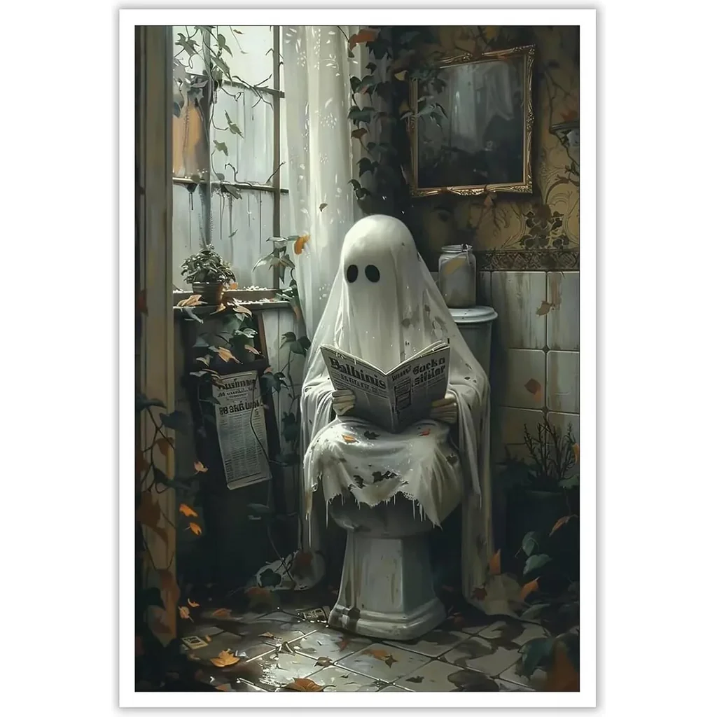 ALAYRA Retro Halloween Ghost Wall Art Dark Academia Canvas Print of Ghost Reading on Toilet Farmhouse Decor for Bedroom, Dorm, Home 8x10in Unframed 01
