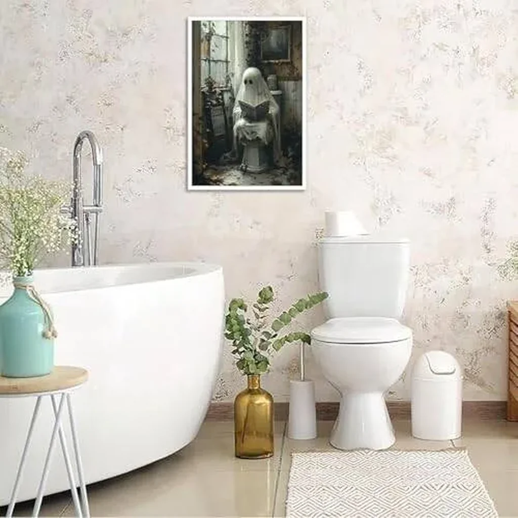 ALAYRA Retro Halloween Ghost Wall Art Dark Academia Canvas Print of Ghost Reading on Toilet Farmhouse Decor for Bedroom, Dorm, Home 8x10in Unframed 01 - Image 4