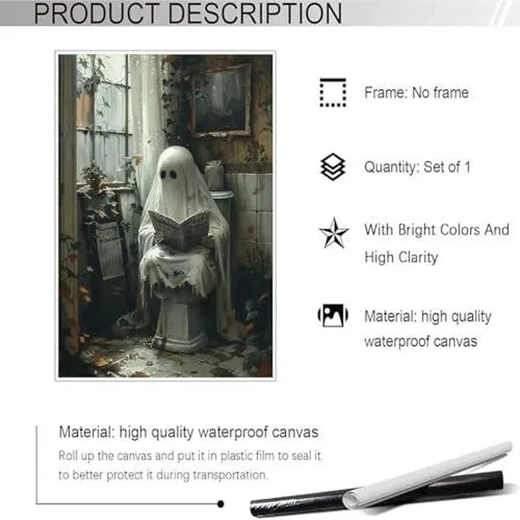 ALAYRA Retro Halloween Ghost Wall Art Dark Academia Canvas Print of Ghost Reading on Toilet Farmhouse Decor for Bedroom, Dorm, Home 8x10in Unframed 01 - Image 6