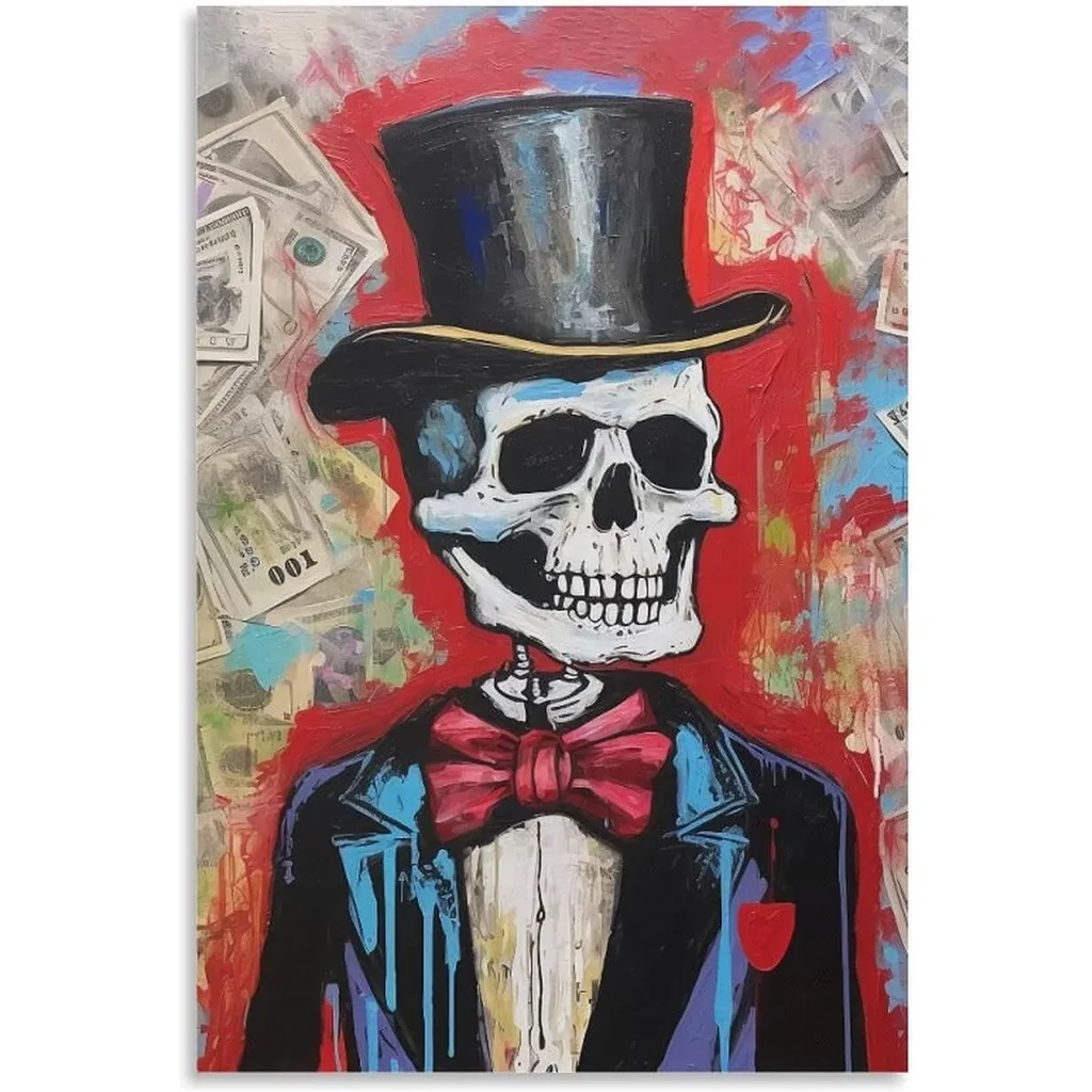 ALAYRA Rich Skeleton Canvas Wall Art Money Graffiti Richie African Boy Street Art Dinosaur Painting Picture For Living Room Decor (16x24inch-Unframe, 01-skull) 01 - Image 4