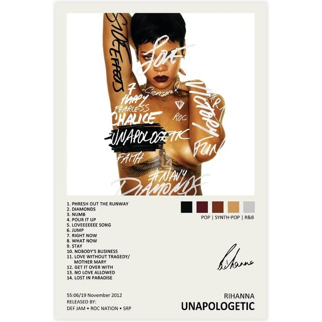 ALAYRA Rihanna Poster Unapologetic Music Album Cover Signed Limited Poster Canvas Poster Wall Art Decor Print Picture Paintings for Living Room Bedroom Decoration Unframe12x18inch(30x45cm) 01