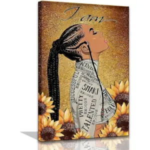 ALAYRA Riveda Framed Gold Sunflower Black Girl Wall Art African-American Canvas Wall Decor Youth Inspirational Quotes Picture Poster Black Girl Painting For Living Room Bedroom16"24" 01