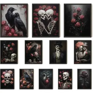 ALAYRA Romantic Gothic Wall Art - Goth Wall Decor Aesthetic, Floral Gothic Decoration For Bedroom, Goth Wall Art Prints, Dark Raven Skull Poster, Moody Halloween Pictures for Home (8x10 Unframed) 01