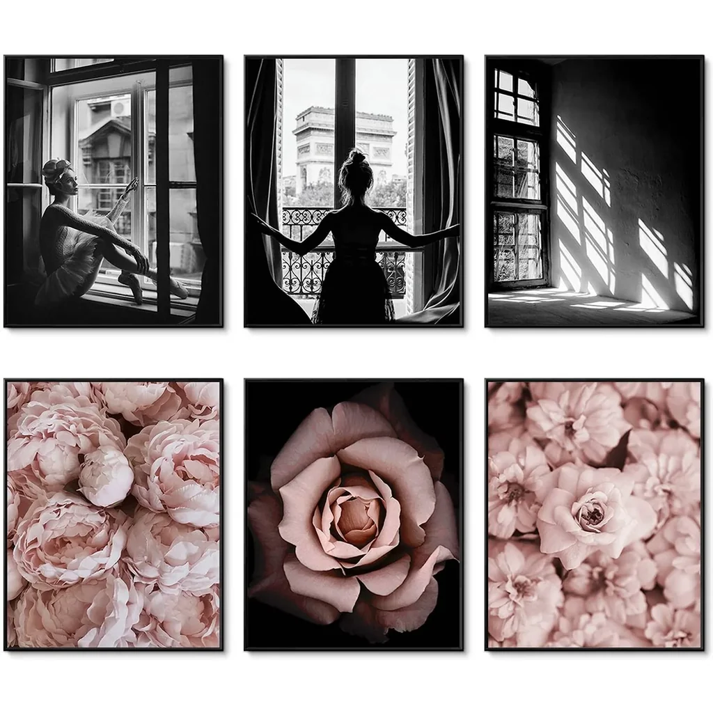 ALAYRA Romantic Roses Fashion Wall Art Prints Set of 6 Black and White Pink Minimalist Wall Art Canvas Painting Posters Prints Poster Set (11"x14" UNFRAMED) Window Girl Art 01