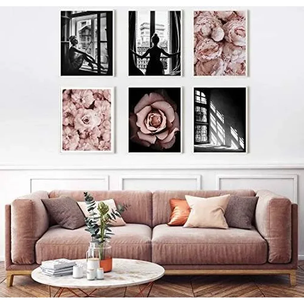 ALAYRA Romantic Roses Fashion Wall Art Prints Set of 6 Black and White Pink Minimalist Wall Art Canvas Painting Posters Prints Poster Set (11"x14" UNFRAMED) Window Girl Art 01 - Image 2