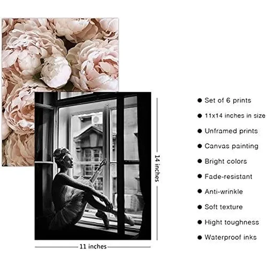 ALAYRA Romantic Roses Fashion Wall Art Prints Set of 6 Black and White Pink Minimalist Wall Art Canvas Painting Posters Prints Poster Set (11"x14" UNFRAMED) Window Girl Art 01 - Image 3