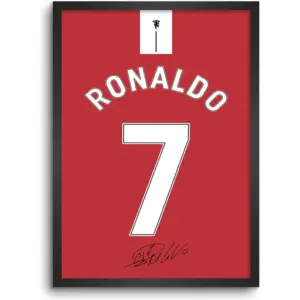 ALAYRA Ronaldo Red Jersey Wall Decoration Art Framed Poster, 12 Inch x 18 Inch, Matt Laminated Poster with 0.5 Inch Black Wooden Frame 01