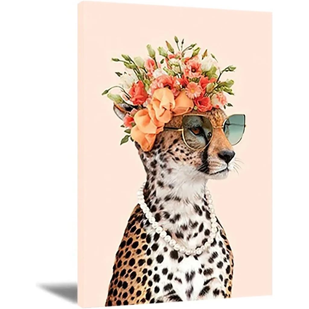 ALAYRA Royal Cheetah Art Prints Lady Leopard Nordic Animal Poster Cool Sunglasses Cheetah Pictures Prints Animal Fabric Painting for Home Decor 20 28 Inch Unframed (20 28 inch Unframed) 01