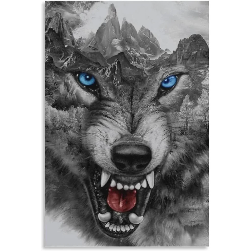 ALAYRA Rucatto Animal Poster Black And White Wild Angry Wolf Head Blue EPoster Wall Art Paintings Canvas Wall Decor Home Decor Living Room Decor Aesthetic 16x24inch(40x60cm) Unframe-style 01