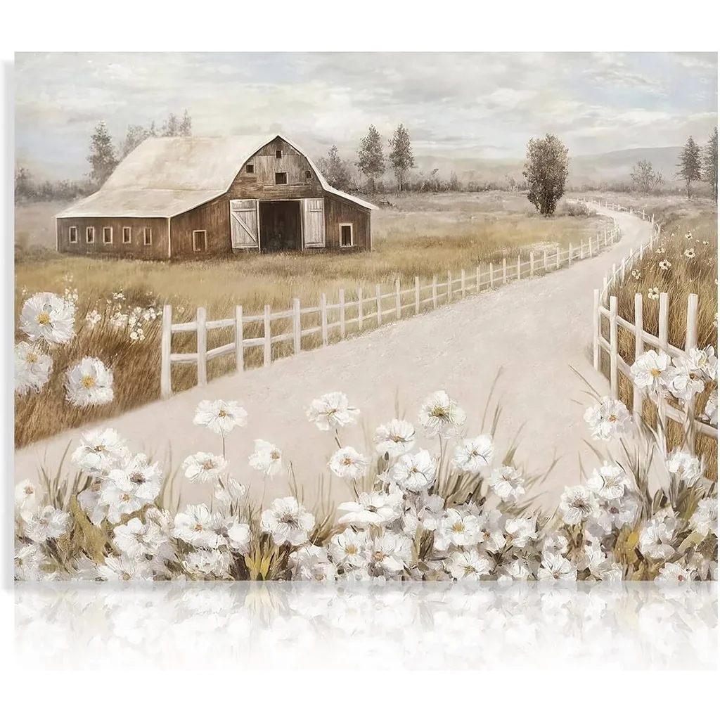 ALAYRA Rustic Farmhouse Wall Art Decor Barn Painting and White Flower Prints Country Landscape Poster for Bathroom Bedroom Living Room Decor 12x16 in Unframed 01