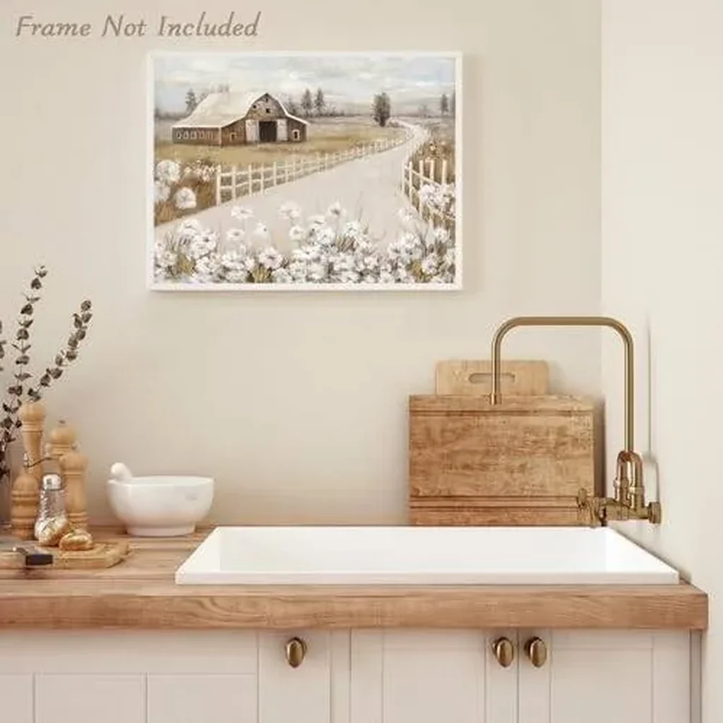 ALAYRA Rustic Farmhouse Wall Art Decor Barn Painting and White Flower Prints Country Landscape Poster for Bathroom Bedroom Living Room Decor 12x16 in Unframed 01 - Image 2