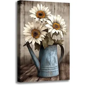 ALAYRA Rustic Farmhouse Wall Art Vintage White Sunflower Painting Wall Decor Wooden Background Canvas Print Country Sunflower Artwork for Bathroom Home Decor 01