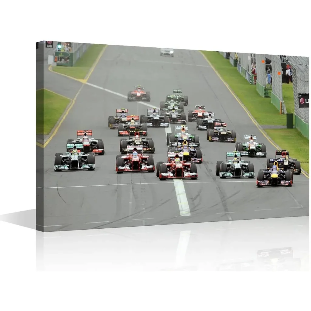 ALAYRA Rustic Home Decor Canvas Art Wall F1 Racing Car Raceway Sports Competition Blue and Red Printed Sports Car Modern Home Decor for Living Room Wall Decor Posters Prints Ready to Hang - 18"W x 12"